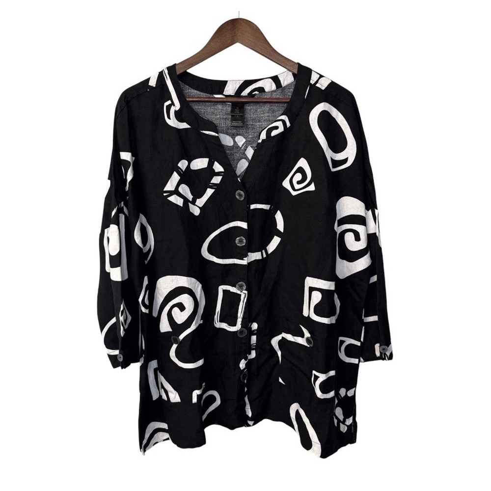 Ali Miles linen blend blouse women's XL black white geometric art boho lagenlook